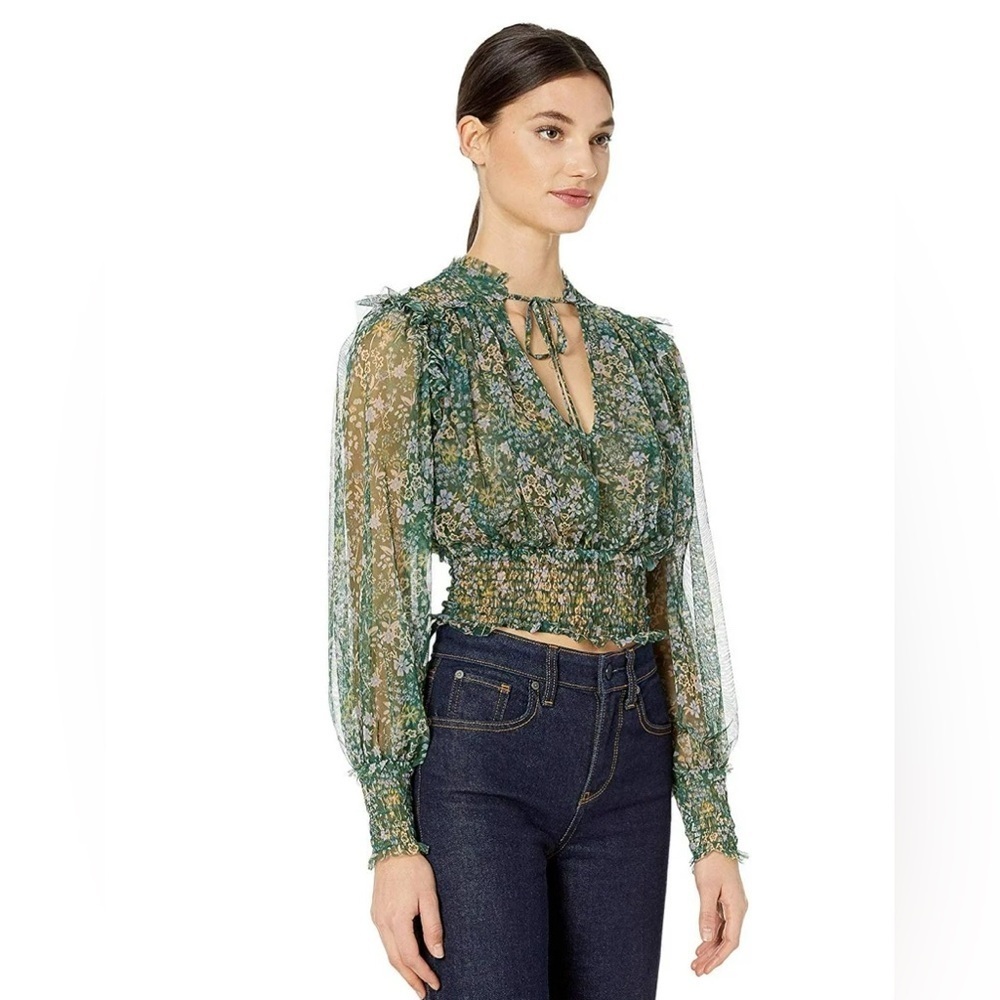 FREE PEOPLE Women’s Green Sheer Smocked Floral Long Sleeve Tie Neck Top, Size XS